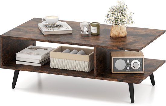 Table basse COSTWAY avec rangement, table de salon à 2 niveaux avec étagère ouverte et pieds en métal, table d'appoint en bois, table basse, table basse pour salon, chambre, 80 x 45 x 30 cm (marron)
