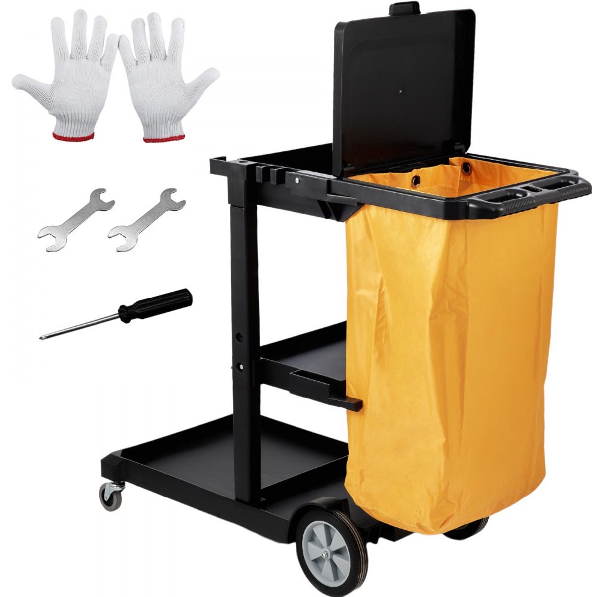 Schoonmaakwagen - Schoonmaaktrolley - 3 Compartimenten - Laadvermogen 90,7 kg - PP Kunststof - PVC Afvalzak - Zwart