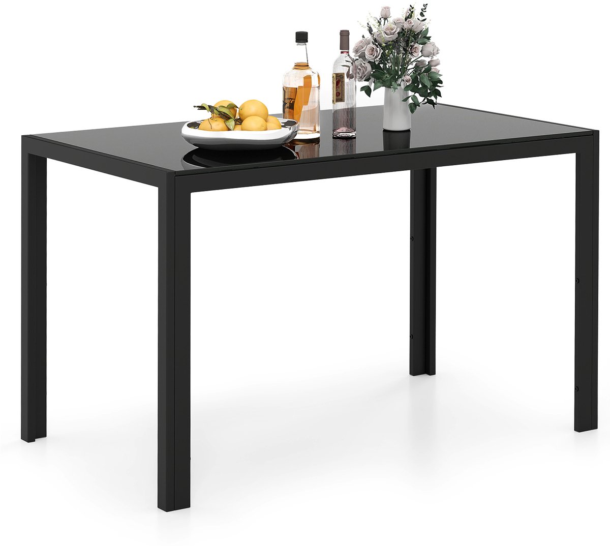Costway Eettafel van glas, keukentafel voor 4 personen, eetkamertafel met metalen frame, vierkante tafel, keukenmeubel voor eetkamer, woonkamer, restaurant, 120 x 70 x 75 cm, zwart