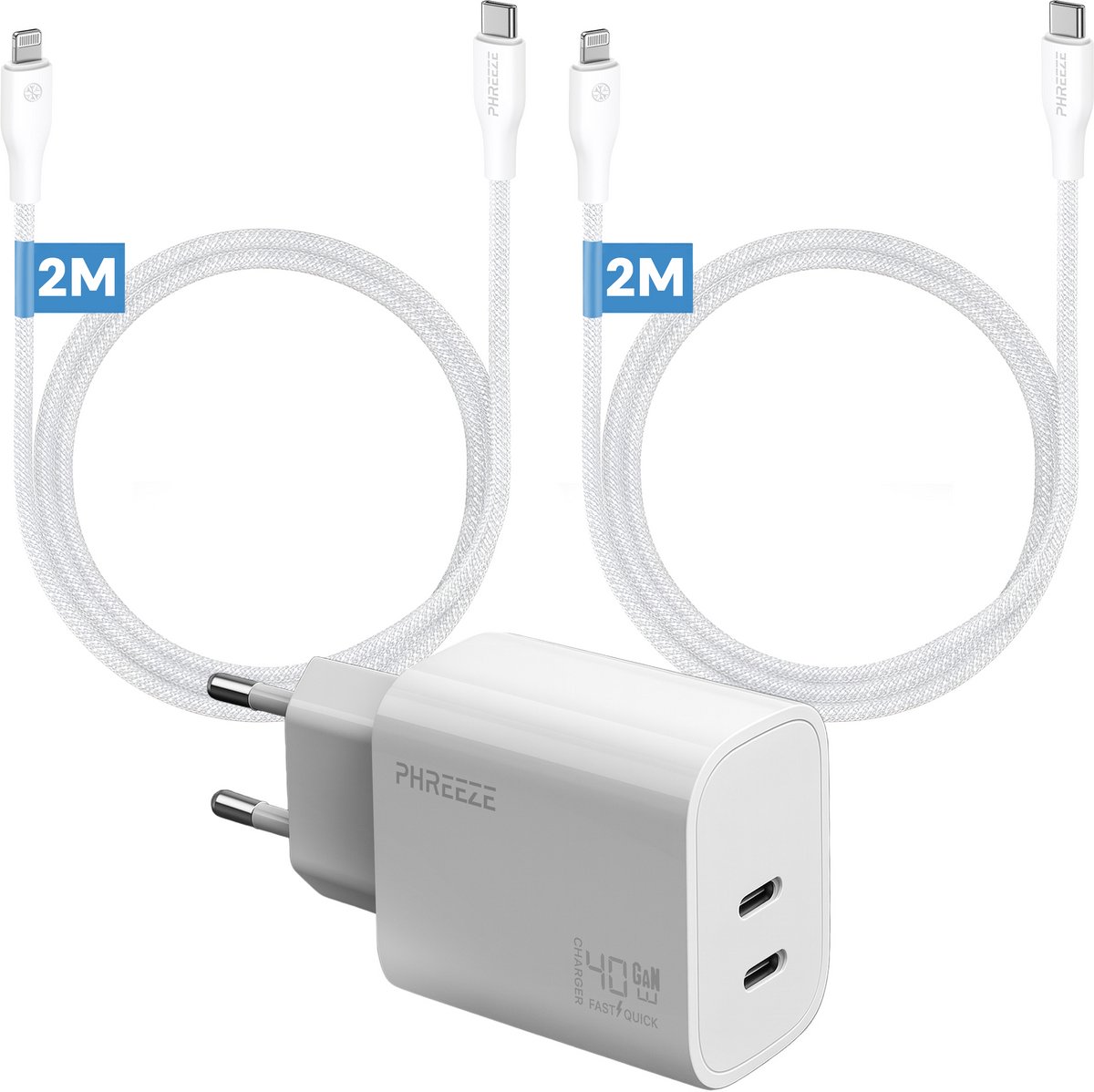 Phreeze usb C oplaadset 40 W geschikt voor iPhone 14 13 12 11 X XR XS Max Pro Mini Plus en iPad met Lightning kabel - Dual port snellader met 2 kabels 2 meter