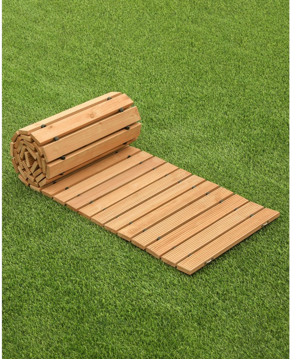 Uitrolbaar houten looppad - Tuinpad 244x43 cm - Cederhout - Staalkabelverbinding - Rolbaar opbergen - Voor tuin en terras