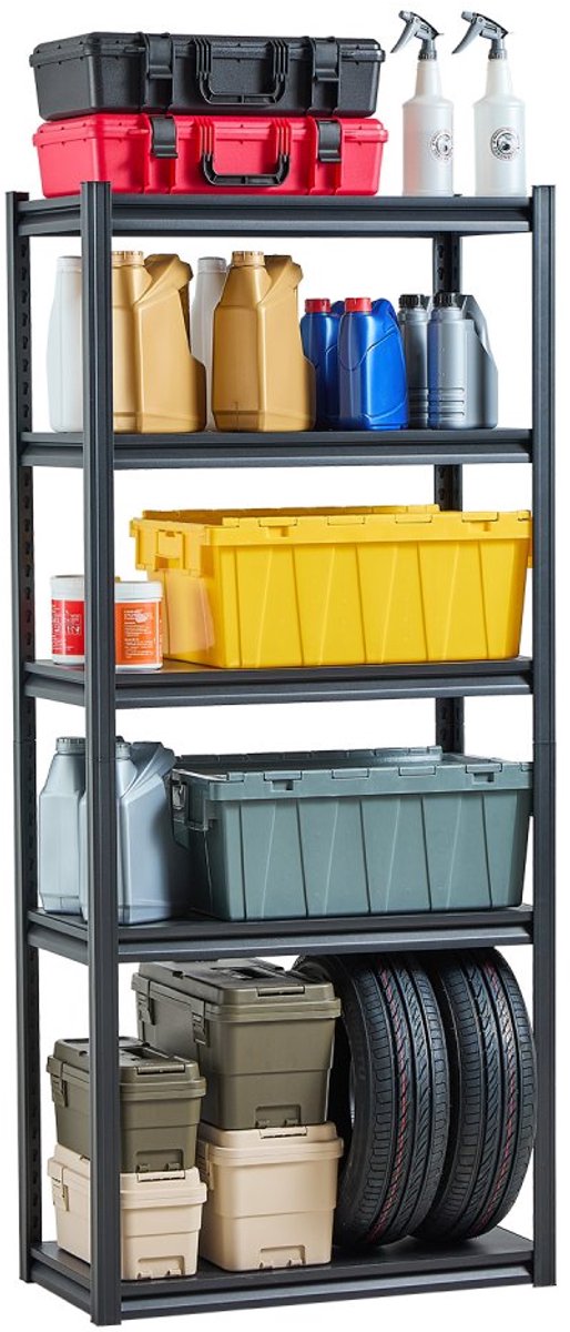 Stellingkast - Metalen magazijnrek - 5 Niveaus - Draagvermogen 907 kg - Boutloze montage - Verstelbare legborden - 40,6 x 81,3 x 182,9 cm - Zwart
