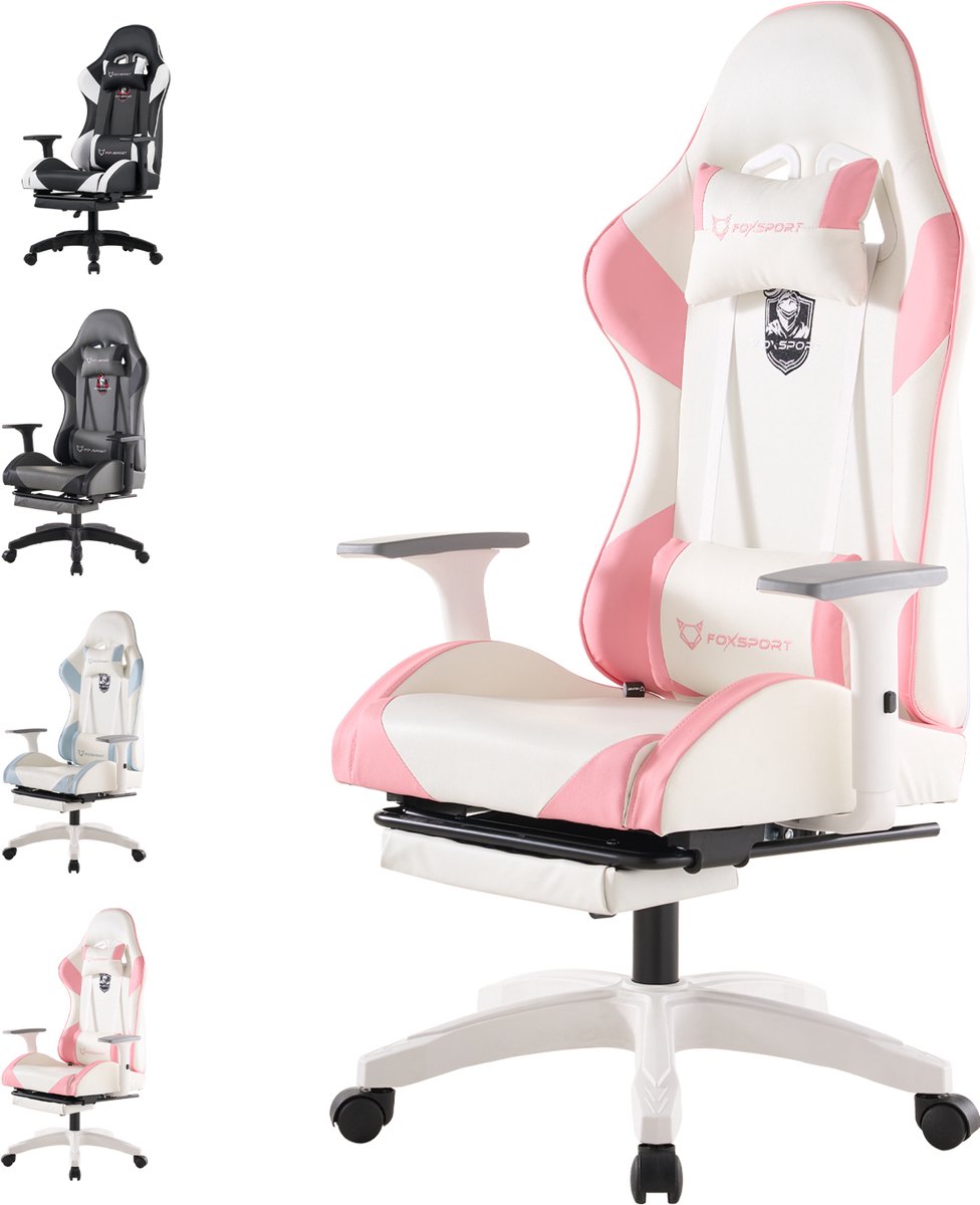 FOXSPORT Gaming stoel - Gamestoel mit 90°-155° Rugleuning - Verstelbare Rug- en Armleuningen - Met lendensteun en hoofdsteun - Ergonomisch - Max Gewicht 150 kg - Roze/Wit