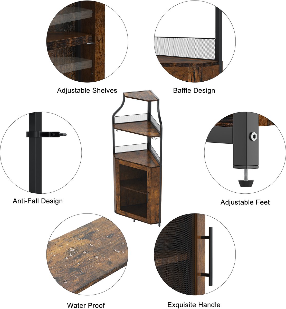 Brisakys - Hoekbarkast - Wijnkast - Industrieel - Metaal - Gaasdeuren - Verstelbare Plank - Anti-Kantelset - 45x45x150cm - Rustiek Bruin – foto 5