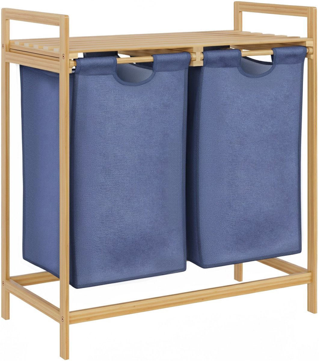 CLP Wasmand met deksel - 2 Vakken Sussina - Hout - met Plank - Bamboe Frame - voor Badkamer - natura