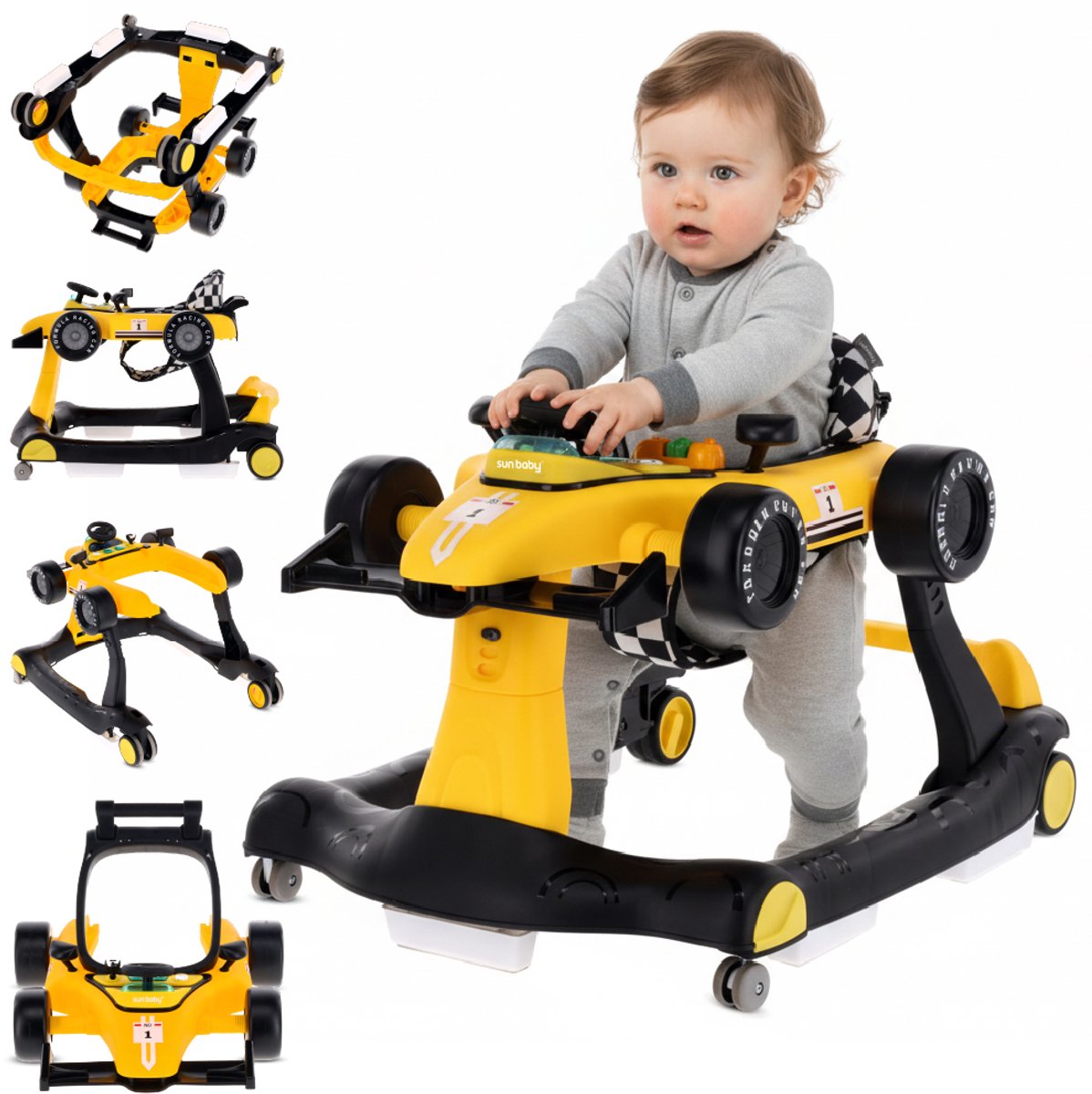 sun baby Loopstoel, baby walker vanaf 6 maanden, verstelbare hoogte, geluiden, lichten, spiegels - Geel
