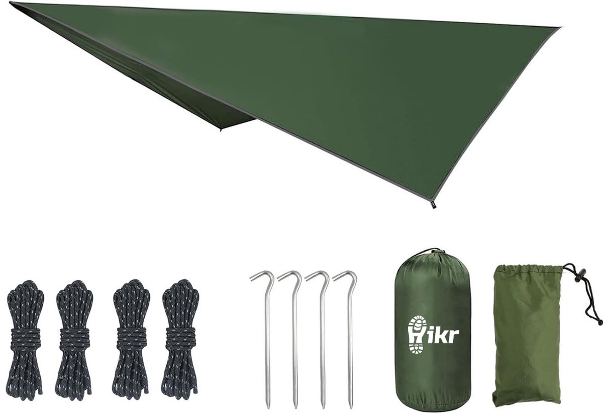 Hikr Tarp voor Hangmat – 210T Polyester – Bushcraft & Survival – Luifel en zonnescherm – Lichtgewicht tentzeil en regenzeil – Groen
