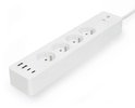 Schuine weergave van een witte stekkerdoos met vier stopcontacten en drie USB-poorten aan de zijkant.