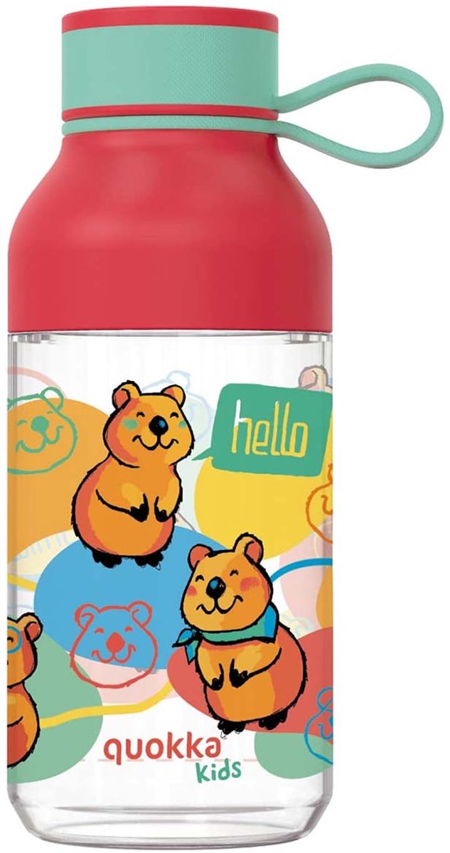 Quokka, Kinderdrinkfles 430ml Ice Kids Model Happy Motief met Riem, Rood