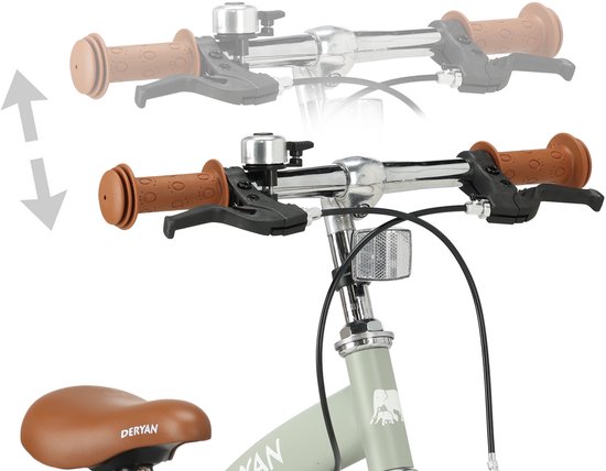 Détail du guidon réglable en hauteur du vélo d'enfant vert Deryan avec poignées marron.
