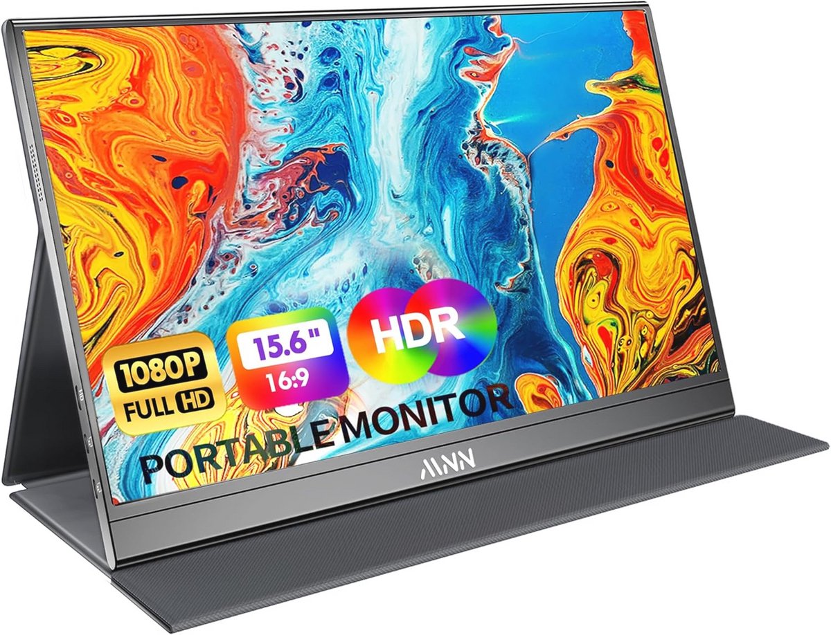 Draagbare monitor 15,6 inch FHD 1080P - Ultra-slank IPS-scherm met Smart Cover & Speakers, HDR Plug & Play, Externe monitor voor laptop en gaming
