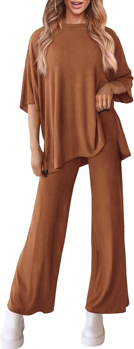 Casual 2-delige dames outfits met korte mouwen en wijde pijpen broek