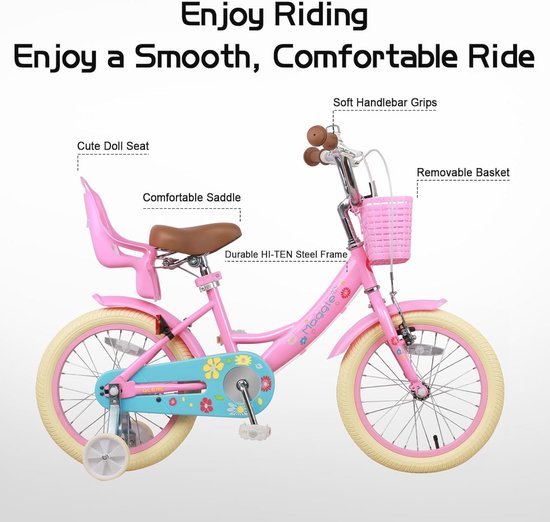 Meisjesfiets 12-20 inch, Kinderfiets voor 2-13 Jaar, Prinsessenstijl met Poppenzitje en Mand, Trainingswielen, Meerdere Kleuren van Merkloos — afbeelding 5