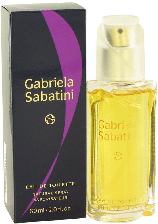 Gabriela Sabatini Eau de Toilette, 60 ml. Glazen fles met gouden dop, naast de zwarte verpakking met paarse curve.