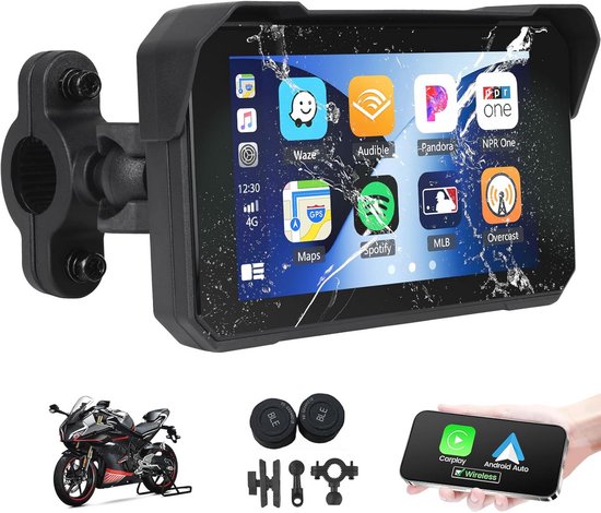 Motorfiets GPS Carplay Touchscreen – 5 Inch – Draadloos – Waterdicht IPX7 – Dual Bluetooth – Incl. Montageset