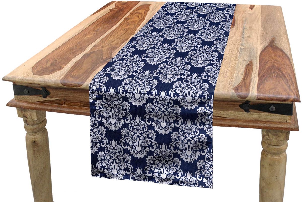 ABAKUHAUS tafelloper – bloemrijk damast marineblauw – 40×180 cm