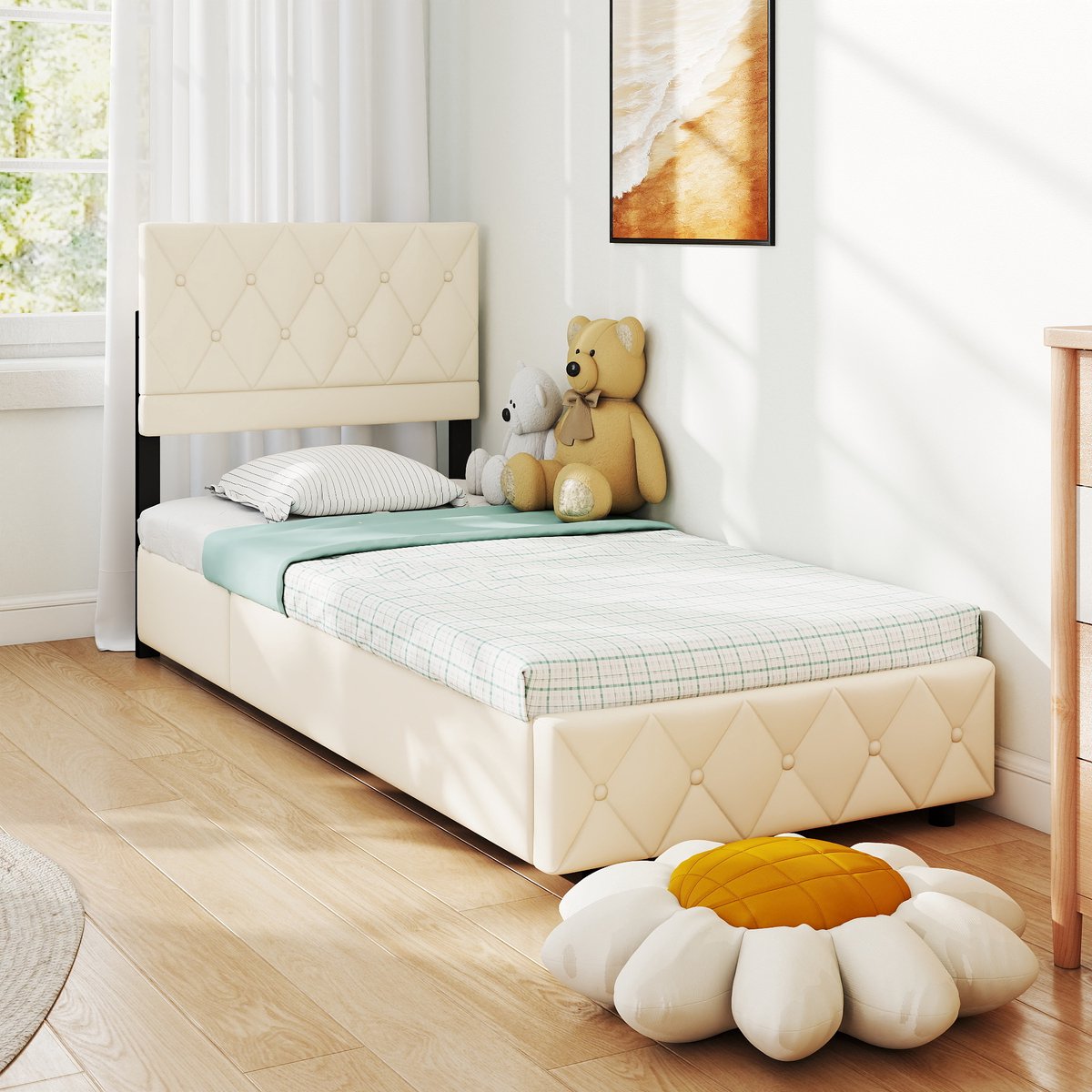 OKWISH Opbergbed 90x200 cm - Eenpersoonsbedden - Gestoffeerd Bed - Veel Opbergruimte - Metalen Frame - Beige