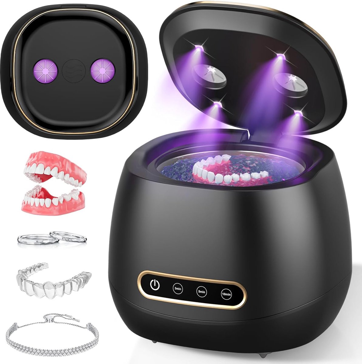 Daity 1 Pack - Ultrasoon gebitsreiniger - 48 kHz draagbare gebitsreinigingskamer - geschikt voor kunstgebitten - mondbeschermers - beugels - aligners - tandenborstels - sieraden - inhoud 200 ml.