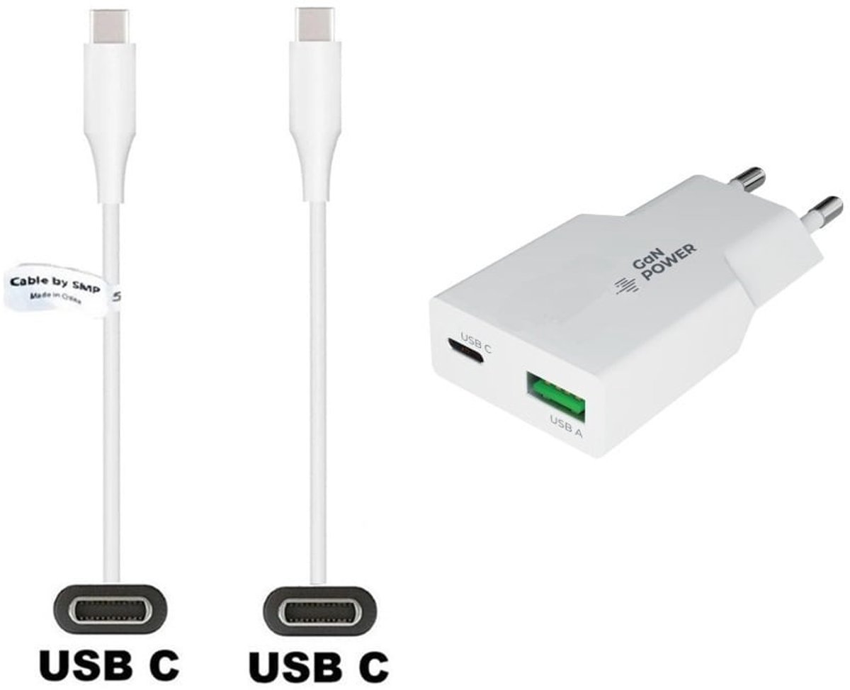 OneOne 36W snellader met 2 poorten + 0,2m Sterke USB C naar C kabel. PD PPS lader. GAN oplader adapter past op Apple iPhone 15, 15 Plus, 15 Pro, 15 Pro Max, iPhone 16, 16e, 16 Plus, 16 Pro, 16 Pro Max, 17, 17 Air, 17 Pro, 17 Ultra