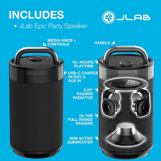 JLab Epic Draadloze Bluetooth Speaker - Muziekbox - 16 uur Batterijduur - 100 Watt - IPX6 Waterproof - Multipairing - Partyspeaker met Bass Boost - App Equalizer - Zwart