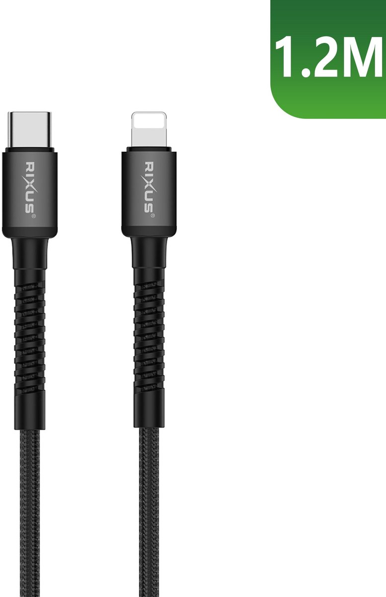 Rixus RXU71CA Nylon Braided USB-C To Lightning Cable 1.2m Black