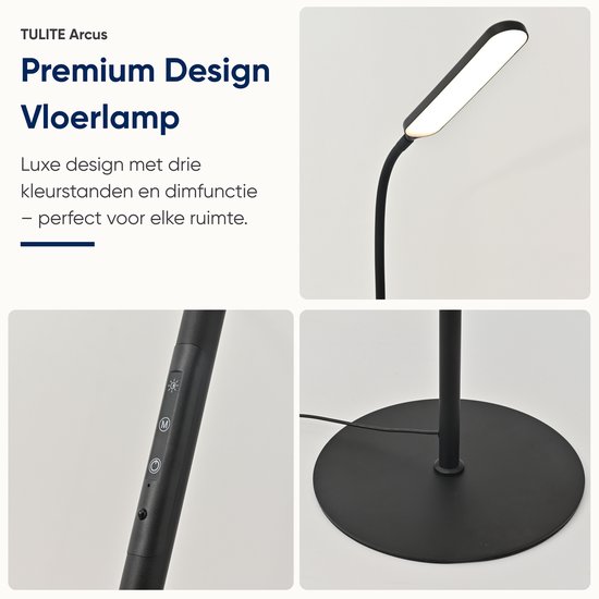 Lampadaire LED TULITE Arcus - Lampe de lecture sur pied - Lampe sur pied - Intensité variable - 3 couleurs - 180 cm - 1300 lm - Commandes tactiles et à distance - Zwart