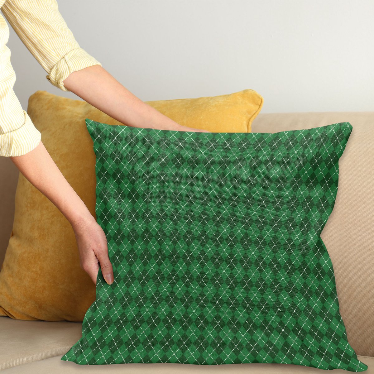 ABAKUHAUS Kussenhoes – Vintage Argyle Tartan – 50×50 cm – Dubbelzijdig bedrukt, donker groen Donkergroen