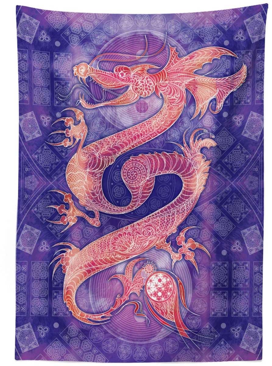 ABAKUHAUS Draak Tafelkleed – Satijn 140x200 cm – Yin Yang, Paars Koraalrood