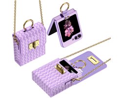Casemania Hoesje en Telefoontasje Set Geschikt voor Samsung Galaxy Z Flip 7 FE - Bright Lila - Luxe Kunstlederen Set met Gevlochten Uitstraling - Back Cover met Ingebouwde Screenprotector en Crossbody Beschermingtas met Pasjeshouder