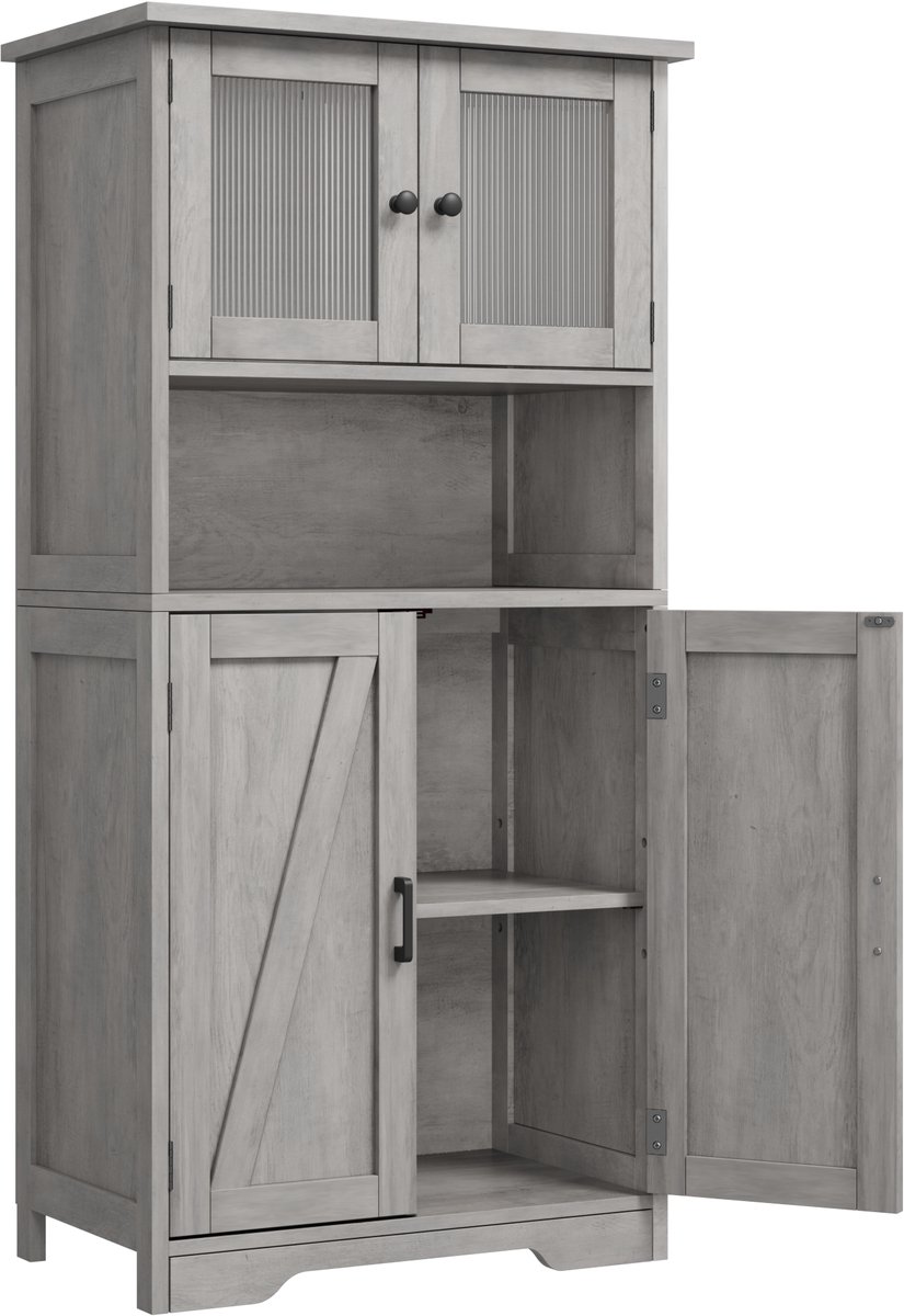 Badkamerkast Grijs – vrijstaand – 30×60×128cm – verstelbare legplanken – multifunctionele opbergkast voor badkamer, keuken, woonkamer