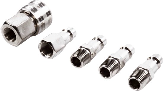 Set van vijf metalen luchtkoppelingen, bestaande uit een vrouwelijke koppeling, een vrouwelijke nippel-adapter en drie mannelijke nippel-adapters.