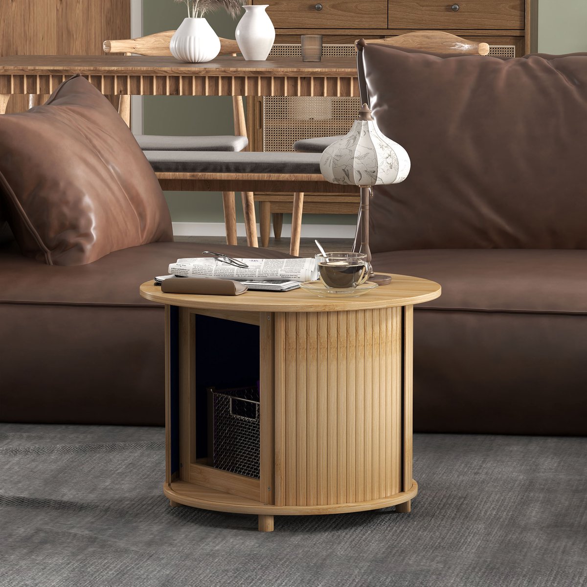 MODFU rond bamboe bijzettafel met verborgen opbergruimte en schuifdeur Ø60 x 45 cm, naturel Natuurlijk hout