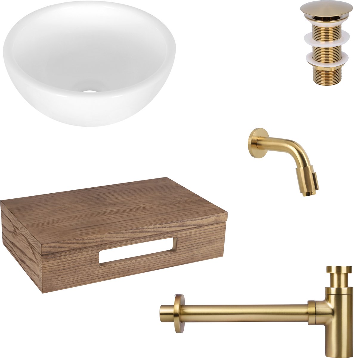 Differnz Ruz fonteinset - waskom keramiek wit - muurkraan 11 cm mat goud - inclusief wastafelplank donker eiken