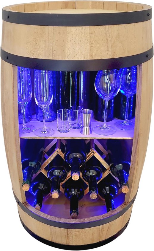 weeco Minibar kast led rustieke bartafel met houten 82 cm vat vintage decoratie huisbar gin whisky bier - wijnvat statafel houten vat voor glazen en flessen - wijnrek, cadeau voor mannen