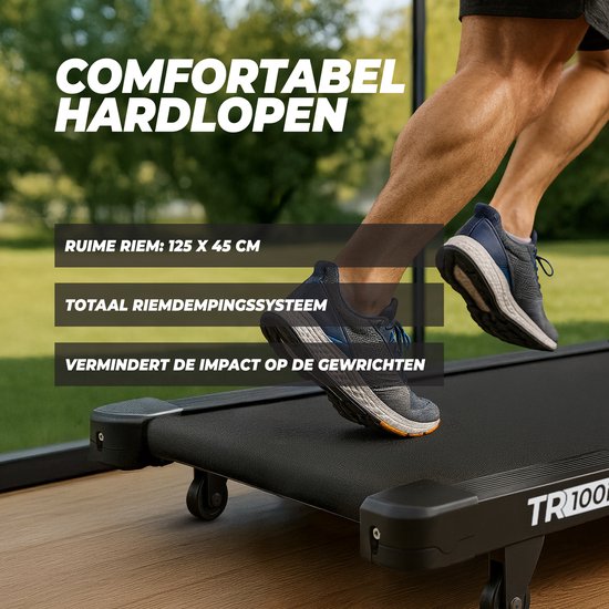 Man loopt op zwarte loopband met tekst 'Comfortabel hardlopen'.