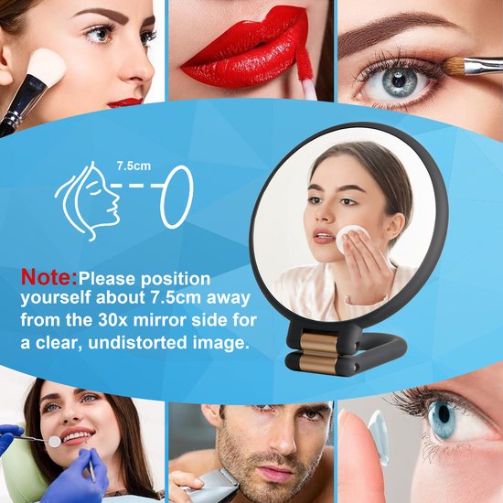Collage van gezichten die make-up aanbrengen en een spiegel met tekst 'Note: Please position yourself about 7.5cm away...'.