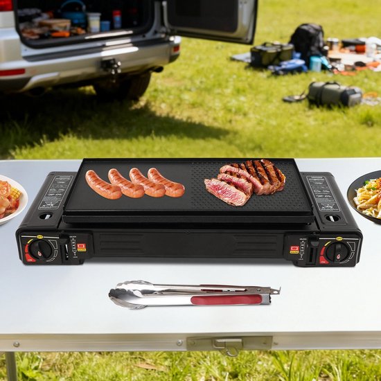 ShaSha Gaspit - Kookpit/kookstel - 2in1 2-pits draagbare kampeerkachel - Kookpit gas met bakvorm en draagtas - Noodpakket - Automatische ontsteking - 2500 W - Zwart — afbeelding 5