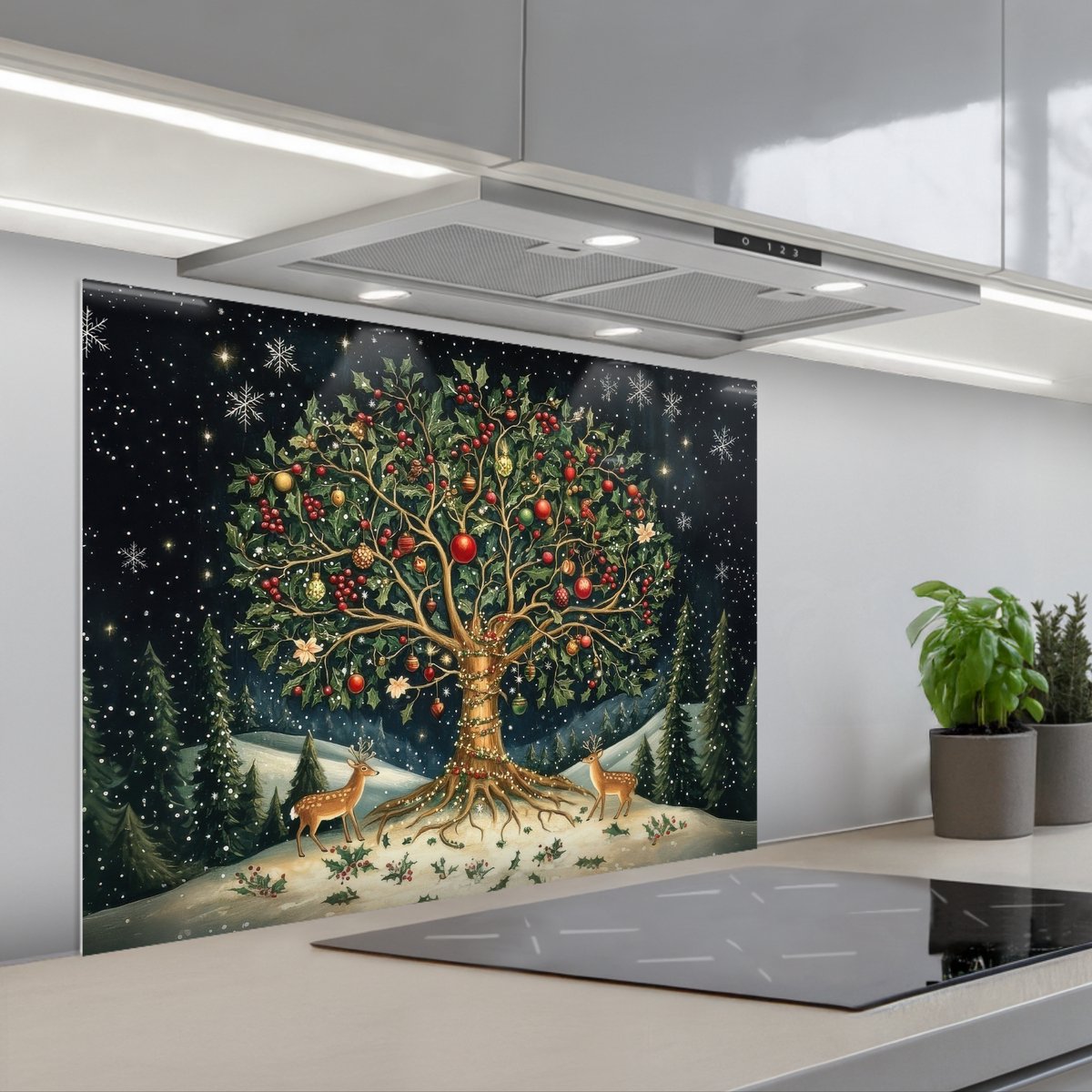 Spatscherm 80x60 cm - Zelfklevende achterwand Feestboom - Winterhemel - Kleurrijk - Keuken muurbeschermer - Spatwand fornuis