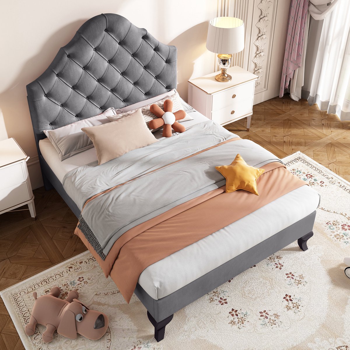 MODFU Gestoffeerd Eenpersoonsbed 90x200 met Hoog Gepolsterd Hoofdeinde, Samt, Houten Lattenbodem