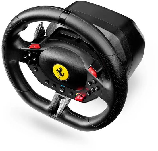Zwart race stuur met Ferrari logo, grijze carbon-look paddels en rode knoppen, gedraaid op een witte achtergrond.