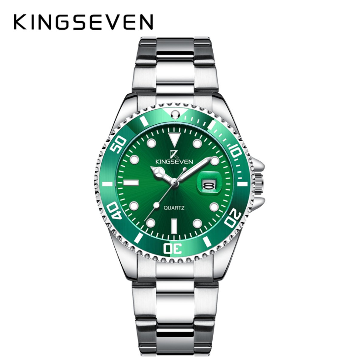 KINGSEVEN Herenhorloge 9619 - Zilverkleurig-Groen - Quartz - Roestvrij Staal - Vlindersluiting - Datumweergave - Luxe Duikershorloge - Waterbestendig - Stijlvol Tijdloos Design