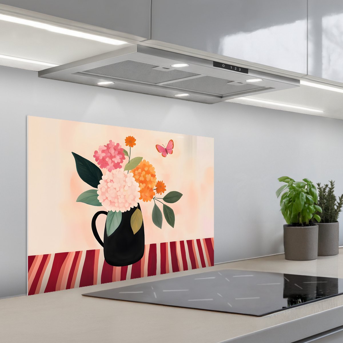 Spatscherm 70x50 cm - Zelfklevende achterwand Vaas - Bloemen - Vlinder - Rood - Keuken muurbeschermer - Spatwand fornuis