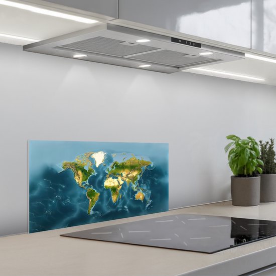 Spatscherm 60x30 cm - Zelfklevende achterwand Wereldkaart - Topografisch reliëf - Keuken muurbeschermer - Spatwand fornuis