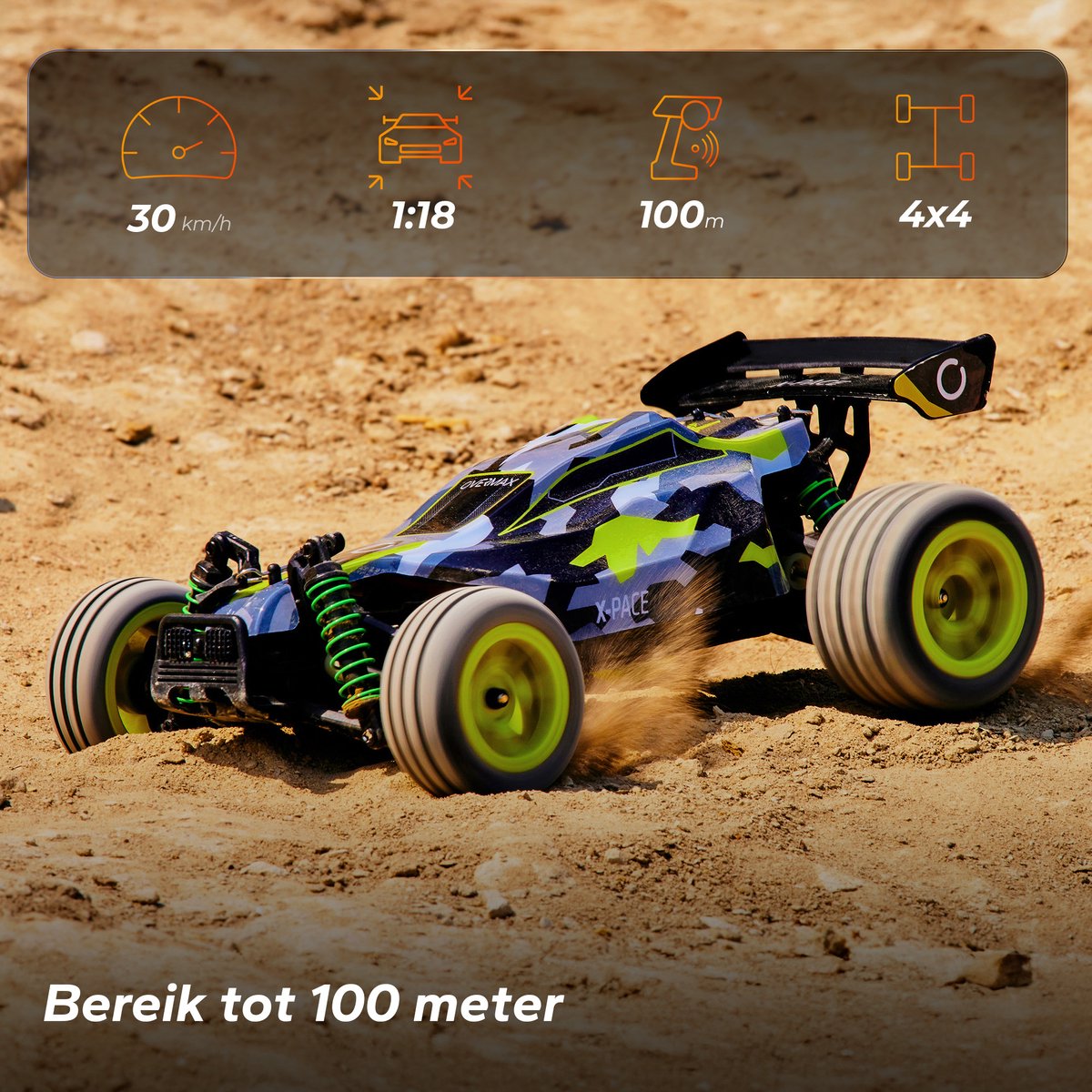 Overmax X-Pace - Bestuurbare Auto - 2 accu’s - 30 km/u - 4x4 - 1:18 - Bereik 100m - Onafhankelijke vering - LED’s - Offroad RC Auto Volwassenen & Kinderen - Afstandsbestuurbare Auto voor Buiten — afbeelding 6