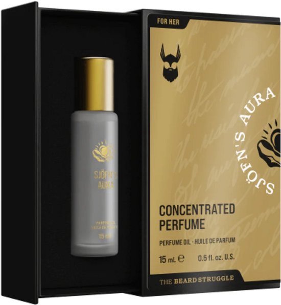 Parfum concentré Sjofn's Aura, 15 ml, dans un flacon gris avec bouchon doré, dans une boîte noire.