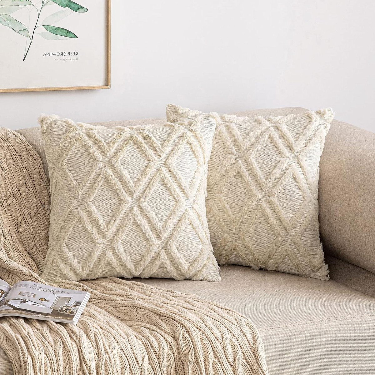 Provento - Kussenslopen Set van 2 Wol Fluweel Boho Decoratief Kussen 45x45 cm Beige