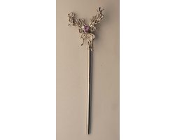 Haarstok zilver metaal vlinder met paars steen - butterfly hairpin - harpinnen - haarstokken vlinders - haaraccessoires voor knot vlindertje - butterfly haarspelden voor het haar op te steken - fleurige haarpin - haarstokje zilver