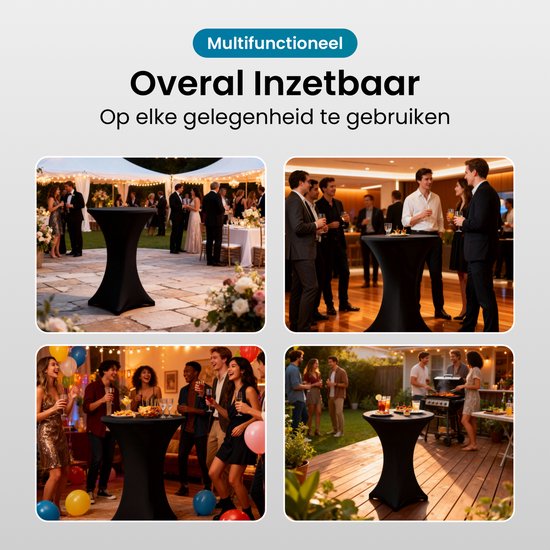 Vier scènes van zwarte statafelrokken in gebruik bij feesten, bruiloften en barbecues.