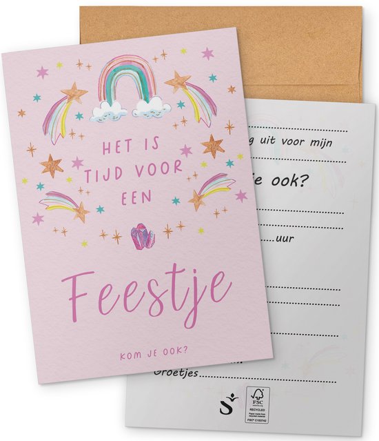 Systemyze 15x Uitnodiging Kinderfeestje Meisje – Uitnodigingskaarten Verjaardag – Thema Regenboog – A6 Formaat
