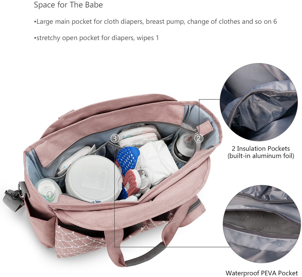 Luiertas - Grote multifunctionele luiertas voor baby's - Reisluiertas voor dames (Roze) – foto 5